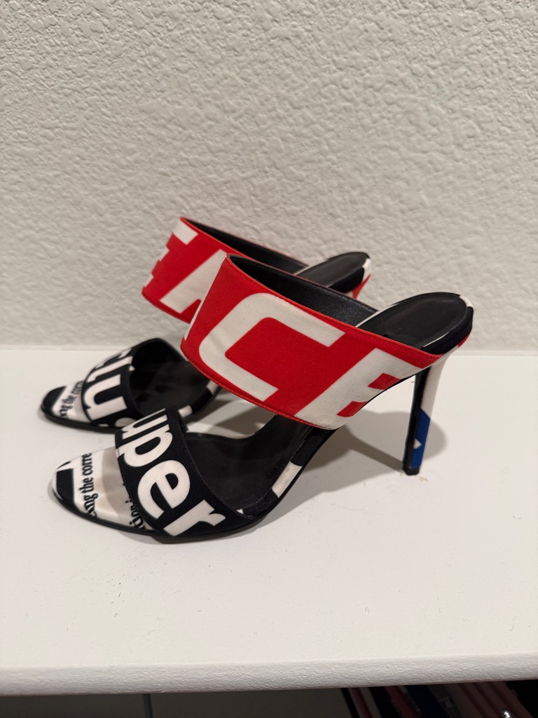 Versace Red And Black Graphic Strap Stiletto Mules